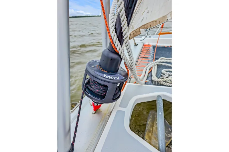 Slide: The Image of Close-up of 2018 Maine Cat 38 LS sailboat rigging and deck details. - 22