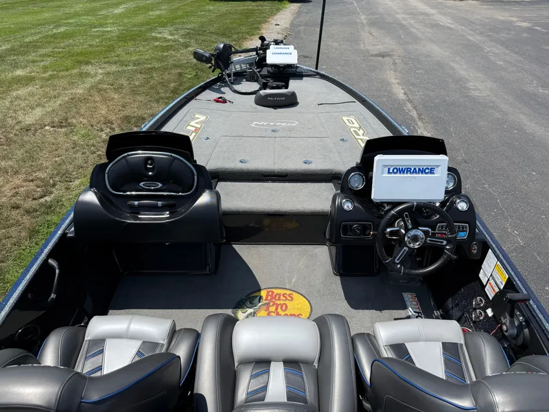 Slide: The Image of 2019 Nitro Z21 bass boat interior with Lowrance electronics and dual seating. - 12