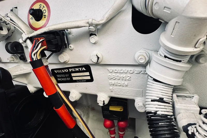 Slide: The Image of Engine components of a 2007 Sabreline 34 Express with Volvo Penta label. - 79