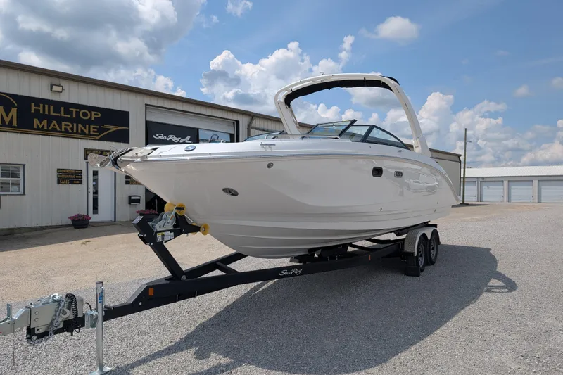 Slide: The Image of 2025 Sea Ray SDX 290 boat on trailer at Hilltop Marine dealership. - 3