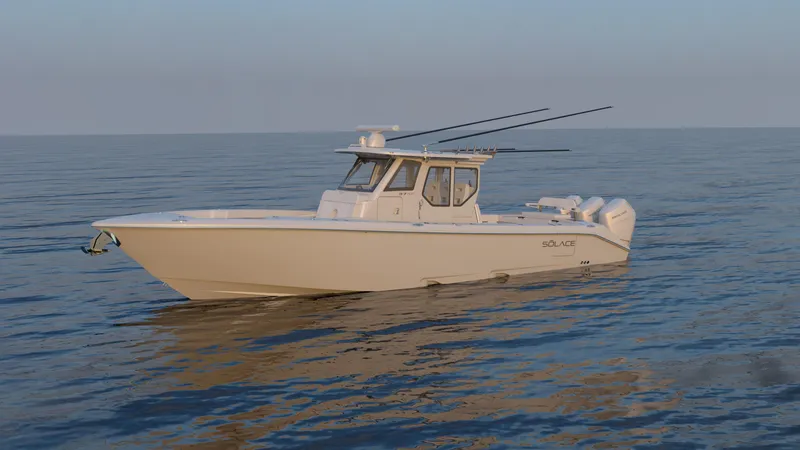 The Image of 2026 Solace 37 PILOT boat on calm ocean waters at sunset. - 1