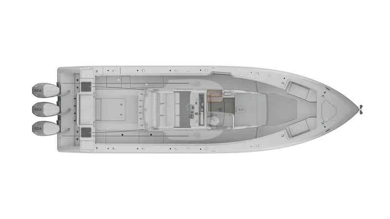 Slide: The Image of Top view of 2026 Solace 37 PILOT boat layout with triple outboard engines. - 10