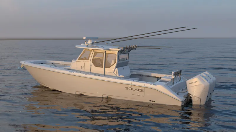 Slide: The Image of 2026 Solace 37 PILOT boat on calm water at sunset. - 3