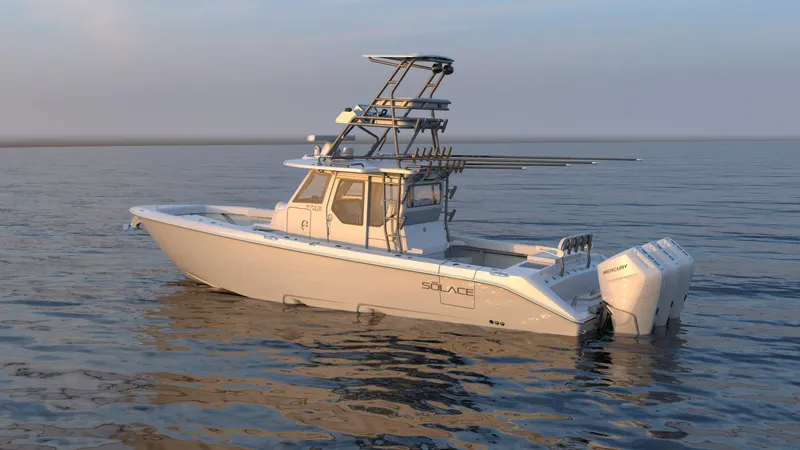 Slide: The Image of 2026 Solace 37 PILOT boat on calm water at sunset. - 4