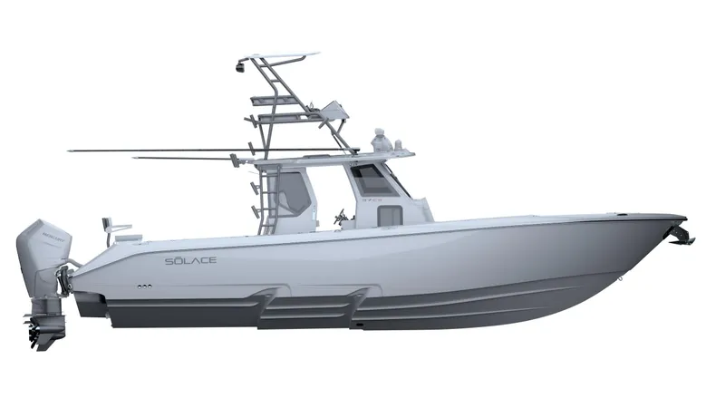 Slide: The Image of 2026 Solace 37 PILOT boat with sleek design and dual outboard engines. - 7