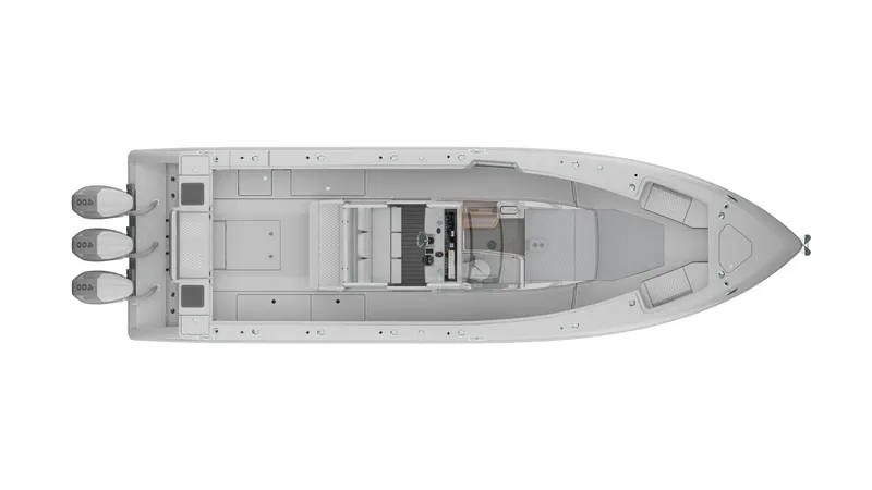 Slide: The Image of Top view of 2026 Solace 37 PILOT boat with triple outboard engines. - 11
