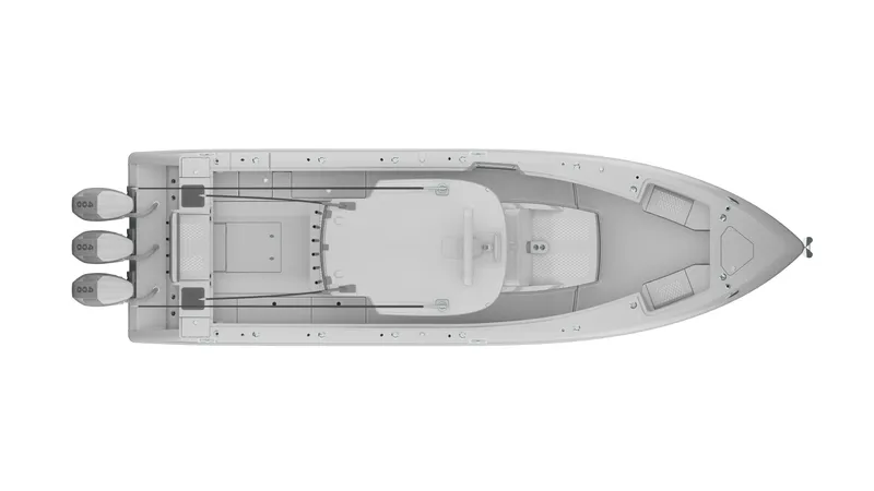Slide: The Image of Top view of 2026 Solace 37 PILOT boat with triple outboard engines. - 12