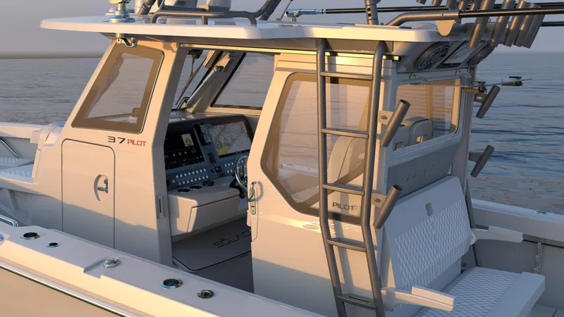 Slide: The Image of 2026 Solace 37 PILOT boat cockpit with advanced navigation system at sunset. - 5