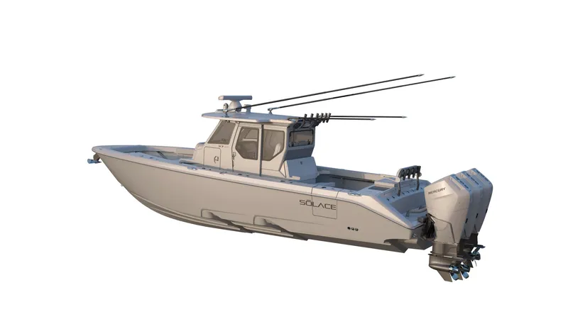 Slide: The Image of 2026 Solace 37 PILOT boat with triple outboard engines, sleek design, and advanced features. - 6
