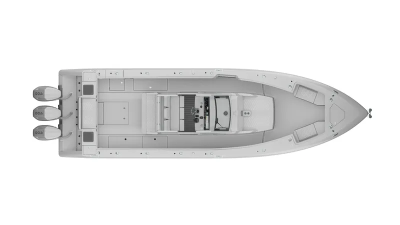 Slide: The Image of Top view of 2026 Solace 37 PILOT boat with triple outboard engines. - 9