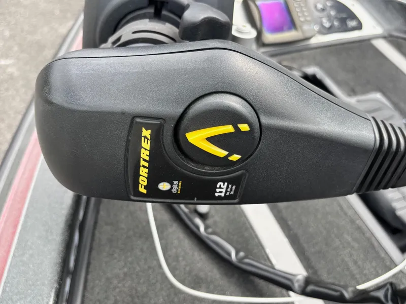 Slide: The Image of Close-up of Fortrex trolling motor on 2006 Ranger Z19 Comanche boat. - 2