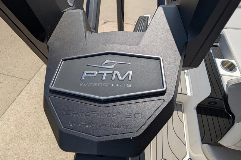 Slide: The Image of Close-up of PTM Watersports ClampForce 3.0 on 2025 Sea Ray SLX 260 Surf boat. - 28