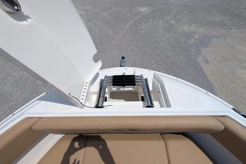 Slide: The Image of 2025 Sea Ray SDX 250 boat with open storage compartment and ladder. - 15