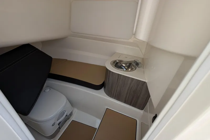 Slide: The Image of 2025 Sea Ray SDX 250 boat interior with compact bathroom and sink. - 26