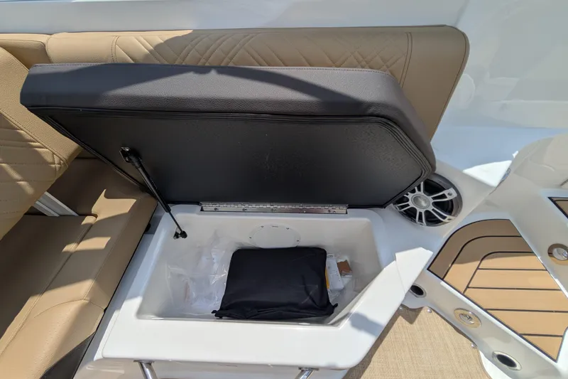 Slide: The Image of 2025 Sea Ray SDX 250 boat storage compartment with cushioned seating and speaker. - 31