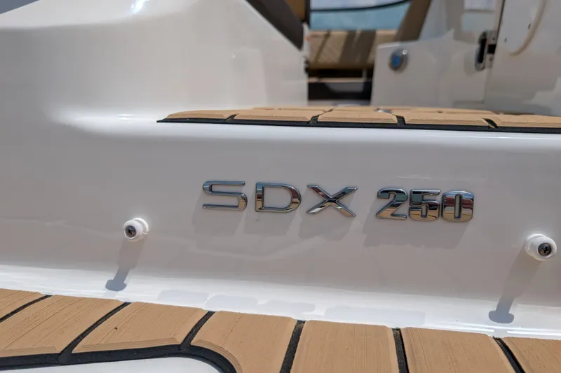 Slide: The Image of 2025 Sea Ray SDX 250 boat emblem on sleek white surface. - 9
