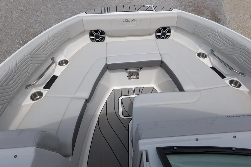 Slide: The Image of 2026 Sea Ray SDX 230 Surf boat interior with sleek seating and modern design. - 16