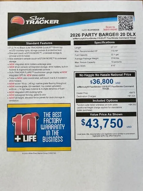 Slide: The Image of 2026 Sun Tracker Party Barge 20 DLX features, pricing, and warranty details. - 3