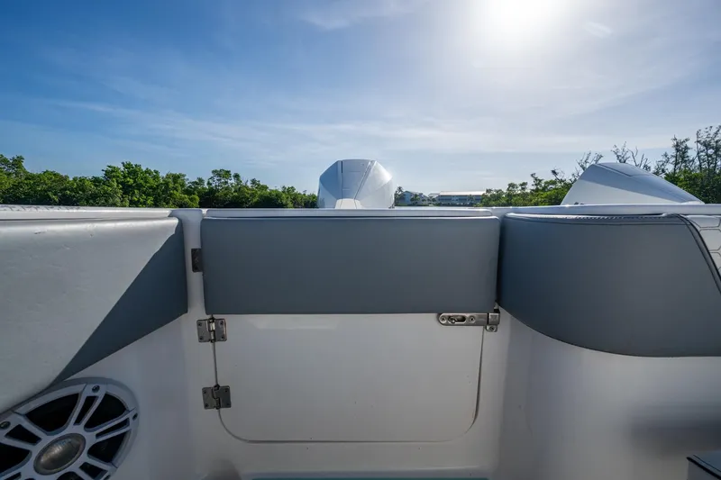 Slide: The Image of 2022 Invincible 33 Catamaran interior with gray seating, sunny sky, and lush greenery. - 25