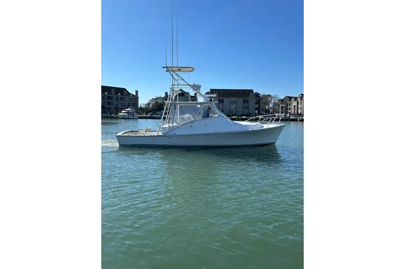 Slide: The Image of 1992 Blue Fin 36 Express boat on calm water near residential buildings. - 1