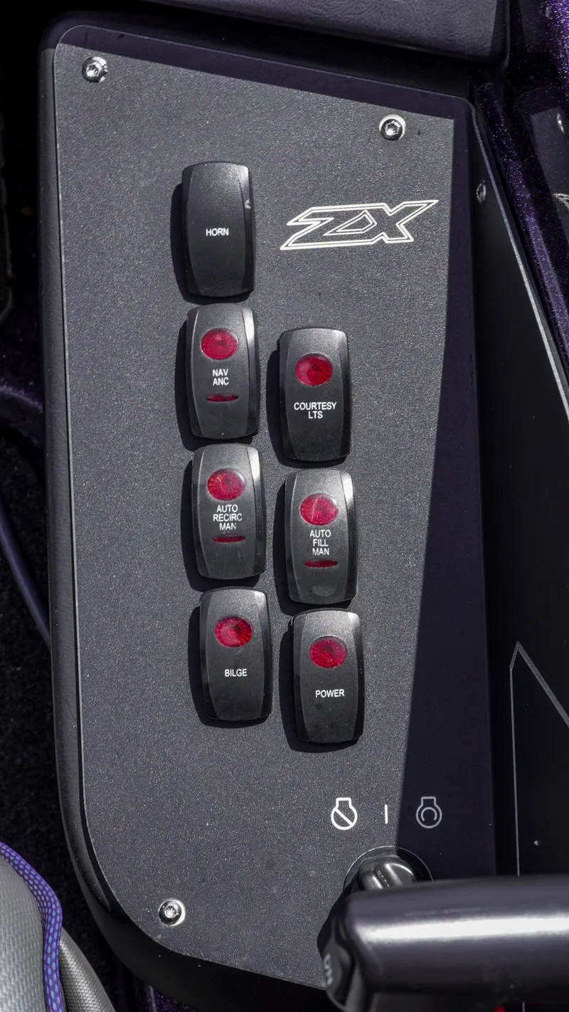 Slide: The Image of Control panel of 2020 Skeeter ZX225 boat with labeled switches for various functions. - 11