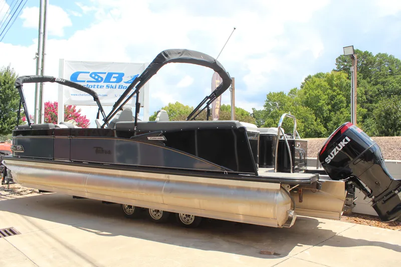 Slide: The Image of 2023 Tahoe CASCADE pontoon boat with Suzuki outboard motor on display. - 3