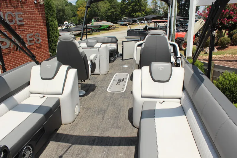 Slide: The Image of 2023 Tahoe CASCADE boat interior with gray seating and modern design. - 6