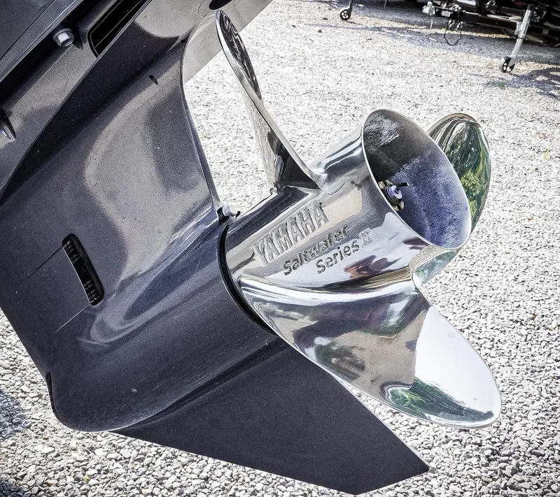 Slide: The Image of Close-up of Yamaha Saltwater Series II propeller on 2026 Tidewater 2410 Bay Max boat. - 43
