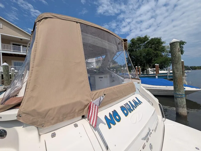 Slide: The Image of 2002 Regal Commodore 3860 boat docked, featuring tan canopy and "No Drama" text. - 8