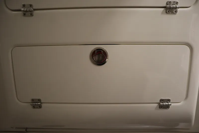Slide: The Image of 2026 Sea Fox 268 Commander storage compartment with secure latch and hinges. - 32