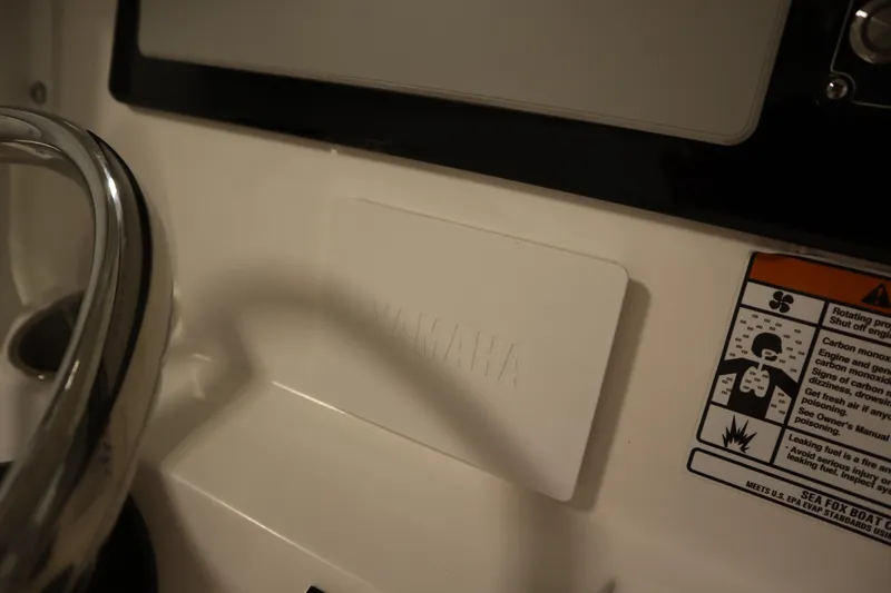 Slide: The Image of 2026 Sea Fox 268 Commander dashboard with Yamaha panel and safety warnings. - 43