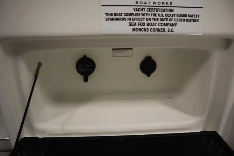 Slide: The Image of 2026 Sea Fox 268 Commander yacht certification label and compartment details. - 49