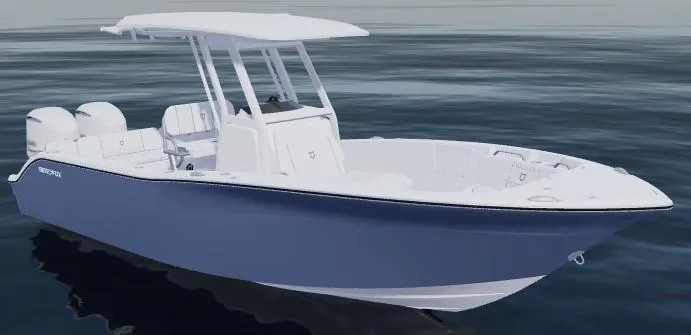 Slide: The Image of 2026 Sea Fox 268 Commander boat on calm water, featuring dual engines and sleek design. - 82