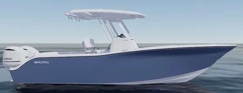 Slide: The Image of 2026 Sea Fox 268 Commander boat on calm water, featuring sleek design and Yamaha engine. - 83