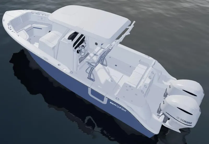 Slide: The Image of 2026 Sea Fox 268 Commander boat with dual Yamaha engines on calm water. - 85