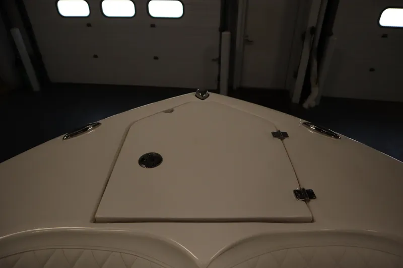 Slide: The Image of 2026 Sea Fox 248 Commander boat interior, featuring a storage compartment in a dimly lit setting. - 10