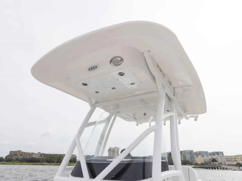 Slide: The Image of 2026 Sea Fox 248 Commander boat's T-top structure against a waterfront cityscape. - 66