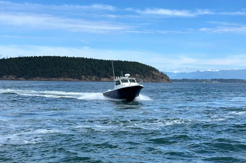 Slide: The Image of 2026 Parker 227 Explorer boat cruising on open water near a forested island. - 30