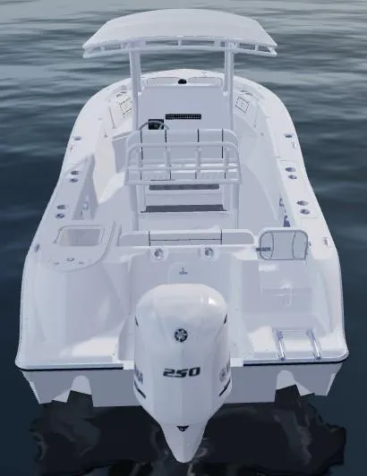 Slide: The Image of 2026 Sea Fox 228 Commander boat on water, rear view with outboard motor. - 63