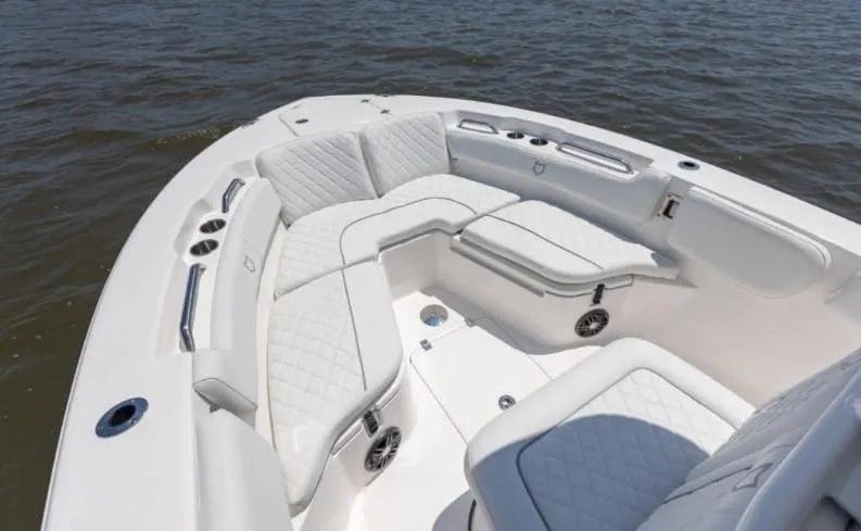 Slide: The Image of Luxurious seating on 2026 Sea Fox 228 Commander boat, featuring elegant white upholstery. - 74