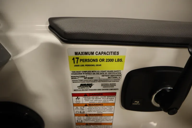 Slide: The Image of 2025 Heyday WT Surf boat capacity label: 17 persons or 2300 lbs maximum. - 22