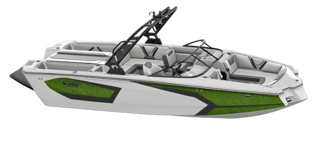 Slide: The Image of 2025 Heyday WT Surf boat with sleek design and green accents, ideal for water sports. - 47
