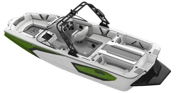 Slide: The Image of 2025 Heyday WT Surf boat with sleek design and green accents. - 48