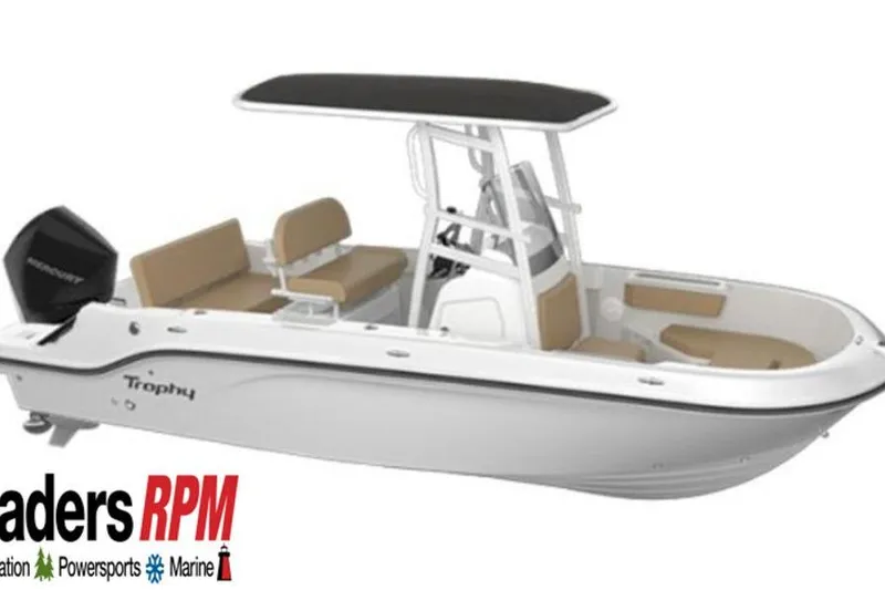 Slide: The Image of 2026 Bayliner Trophy T20CC boat with seating, T-top, and outboard motor. - 44