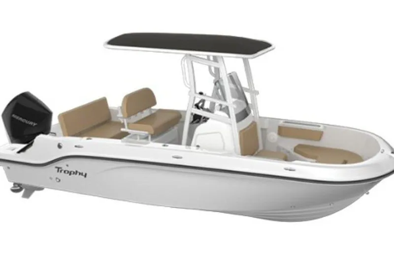 Slide: The Image of 2026 Bayliner Trophy T20CC boat with seating and canopy, side view. - 48
