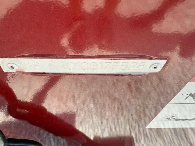 Slide: The Image of 2026 Crestliner XF179 boat hull identification number on red surface. - 4