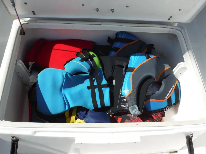 Slide: The Image of Storage compartment on 2017 Sea Fox 266 Commander with colorful life jackets. - 32