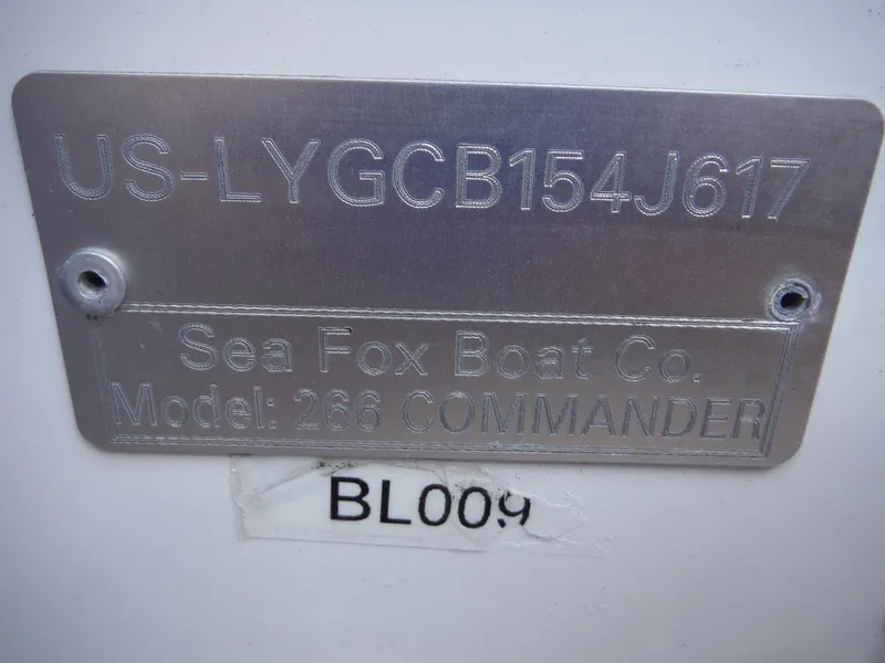 Slide: The Image of 2017 Sea Fox 266 Commander boat identification plate with serial number US-LYGCB154J617. - 39