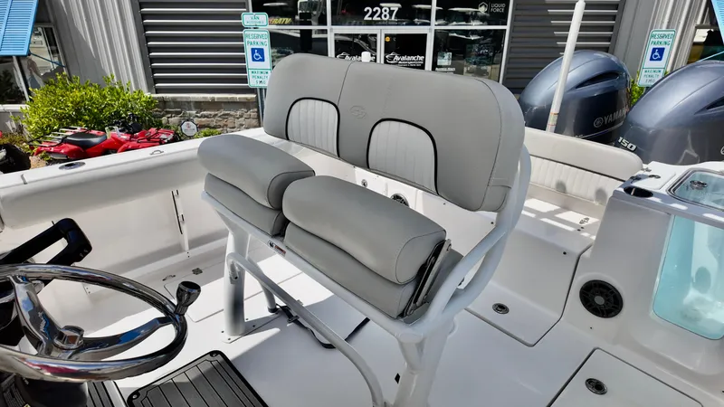 Slide: The Image of 2023 Sea Fox 268 Commander boat interior with dual Yamaha engines and comfortable seating. - 15