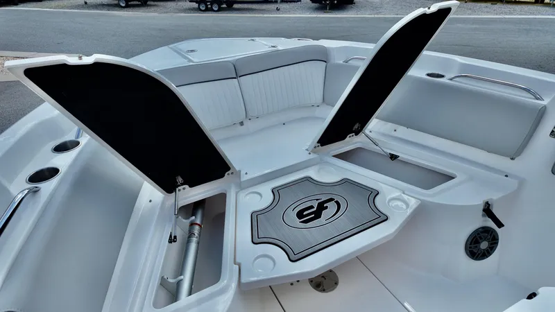 Slide: The Image of 2023 Sea Fox 268 Commander boat interior with open storage compartments. - 8